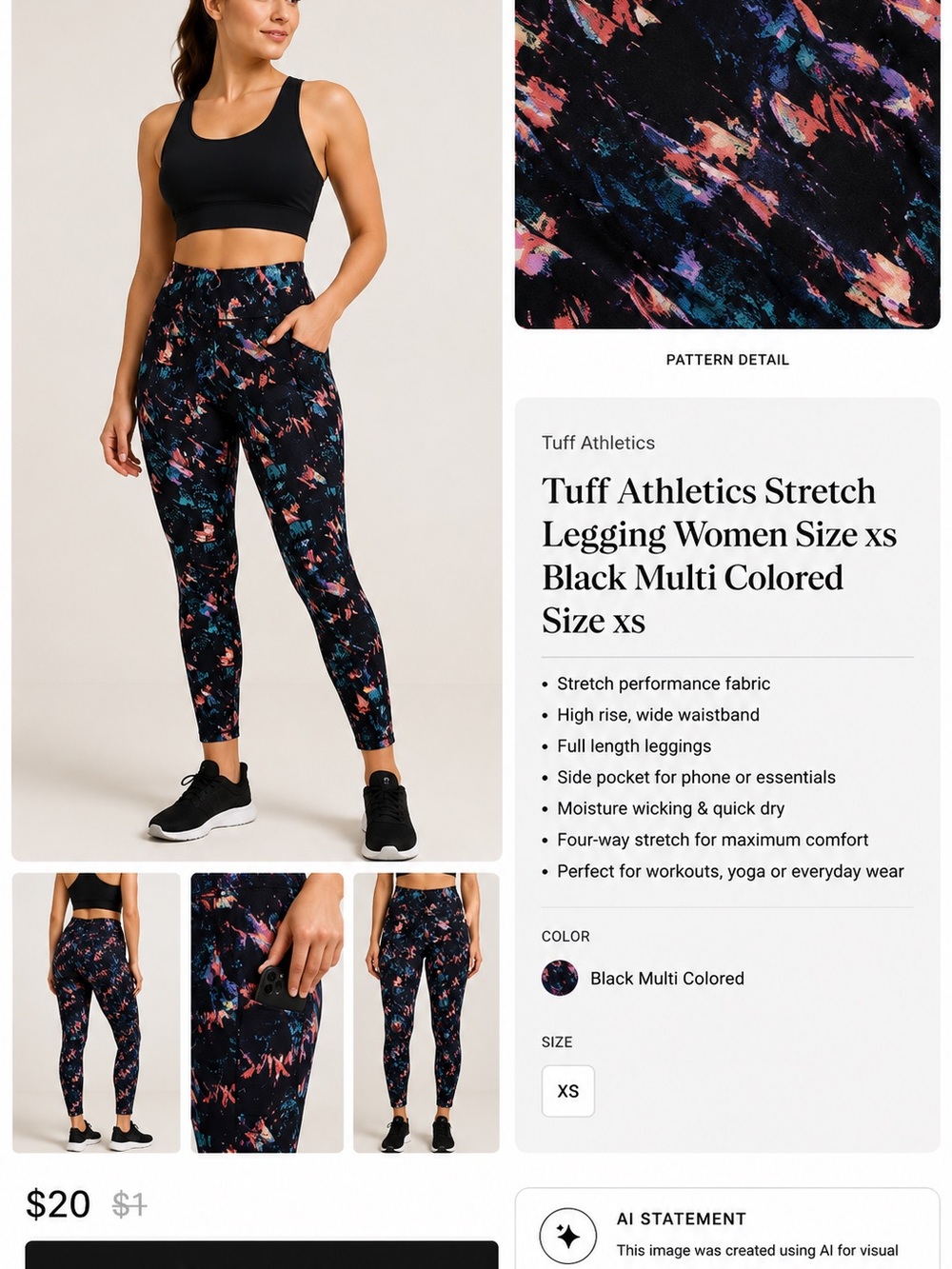 Tuff Athletics Stretch Legging Women Size xs Black Multi Colored Size xs
